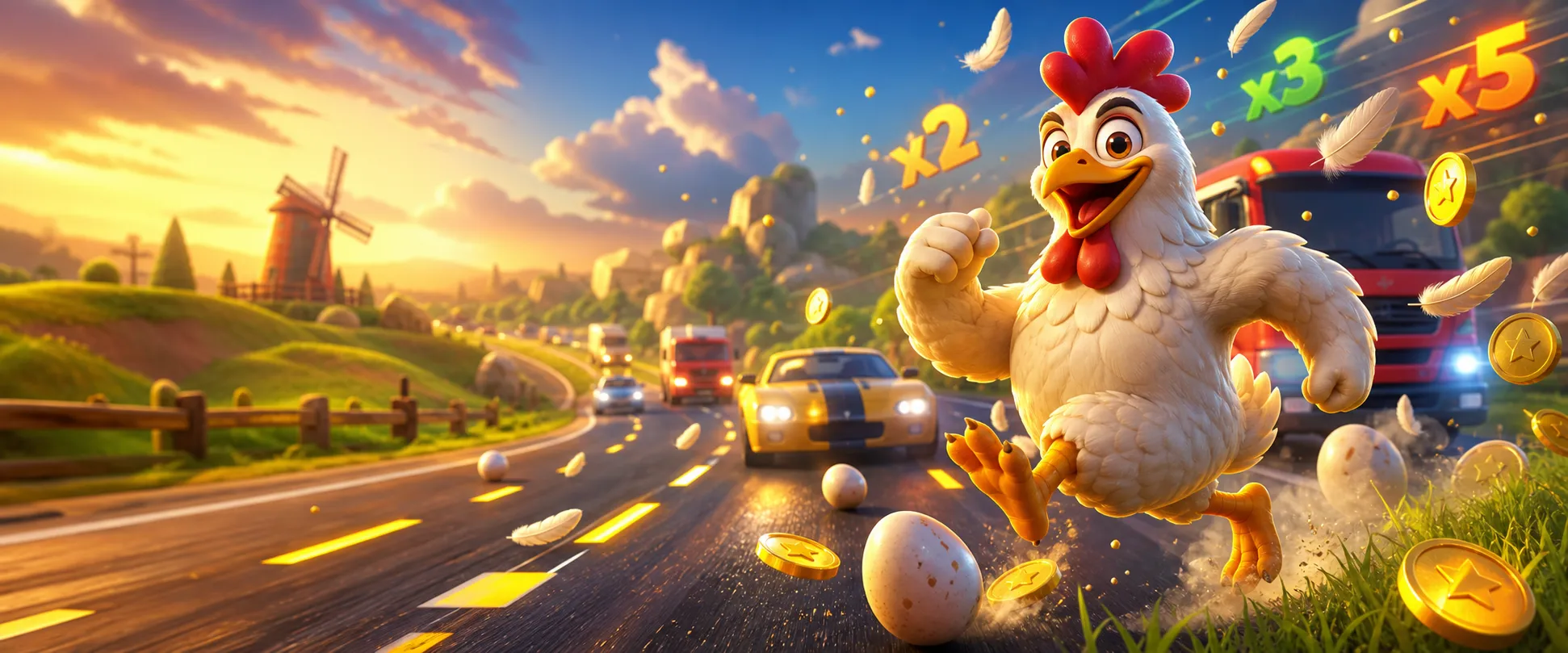 Colorful 3D CGI banner of Chicken Road game featuring a confident chicken crossing a multi-lane road with coins, eggs, and ob