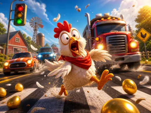 Promotional artwork for Chicken Road slot game featuring playful chicken characters navigating a busy road.