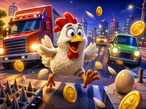 Cartoon chicken crossing a bustling road with colorful feathers and eggs, evoking playful slot game theme.