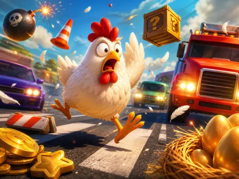 Colorful artwork featuring a funny chicken, road, traffic lanes, and playful crash-game atmosphere from Chicken Road slot gam
