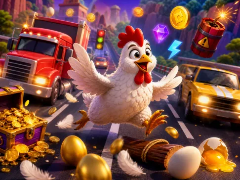 Funny chicken character navigating road lanes in Chicken Road slot game artwork.